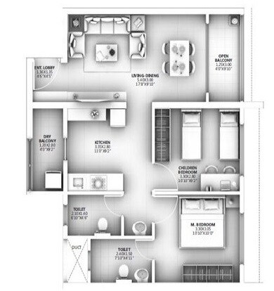 Floor plan of 2 BHK 692 Sq. Ft. Apartment in Goel Ganga Asmi, Pune