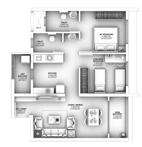 Floor plan of 2 BHK 719 Sq. Ft. Apartment in Goel Ganga Asmi, Pune