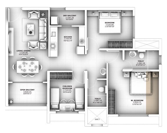Floor plan of 3 BHK 925 Sq. Ft. Apartment in Goel Ganga Asmi, Pune