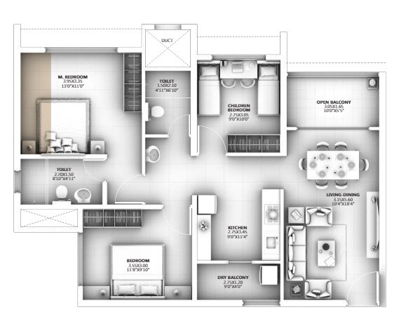 Floor plan of 3 BHK 903 Sq. Ft. Apartment in Goel Ganga Asmi, Pune