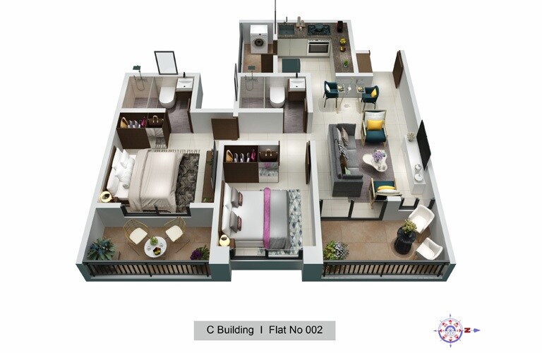 Floor plan of 2 BHK 606 Sq. Ft. Apartment in Goel Ganga Aurum Park Phase 2, Pune