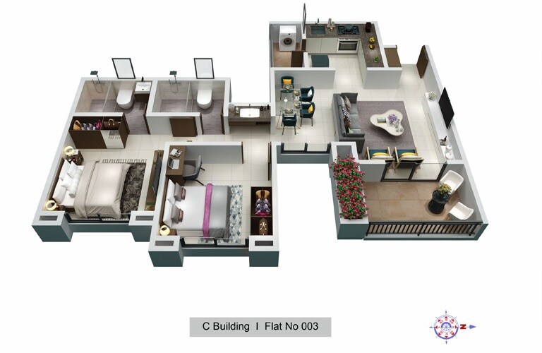 Floor plan of 2 BHK 789 Sq. Ft. Apartment in Goel Ganga Aurum Park Phase 2, Pune