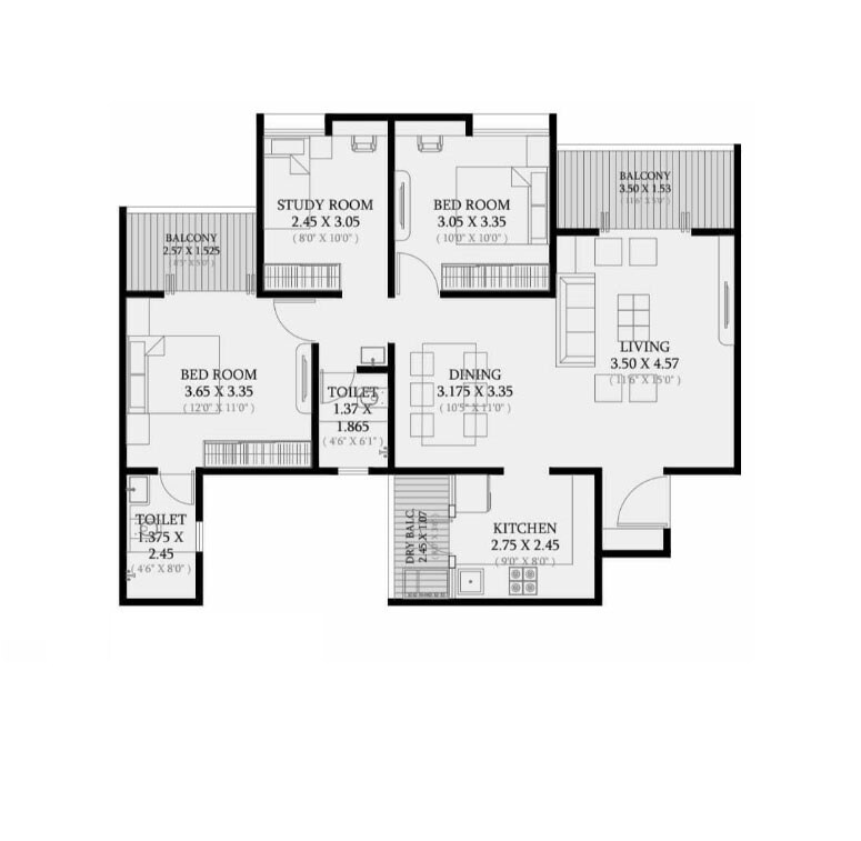 Floor plan of 3 BHK 1489 Sq. Ft. Apartment in Goel Ganga Avanta, Pune