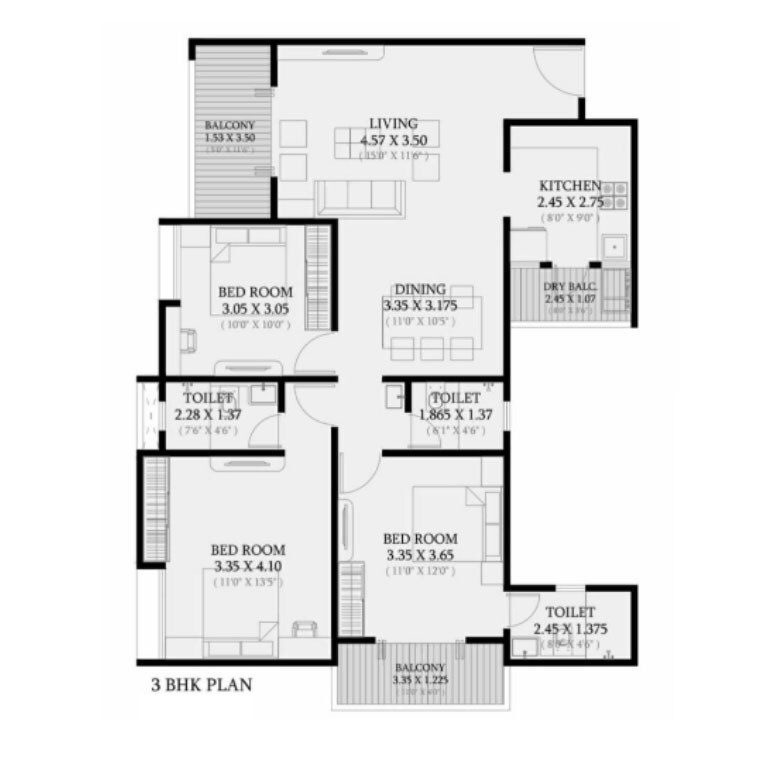 Floor plan of 3 BHK 1219 Sq. Ft. Apartment in Goel Ganga Avanta, Pune