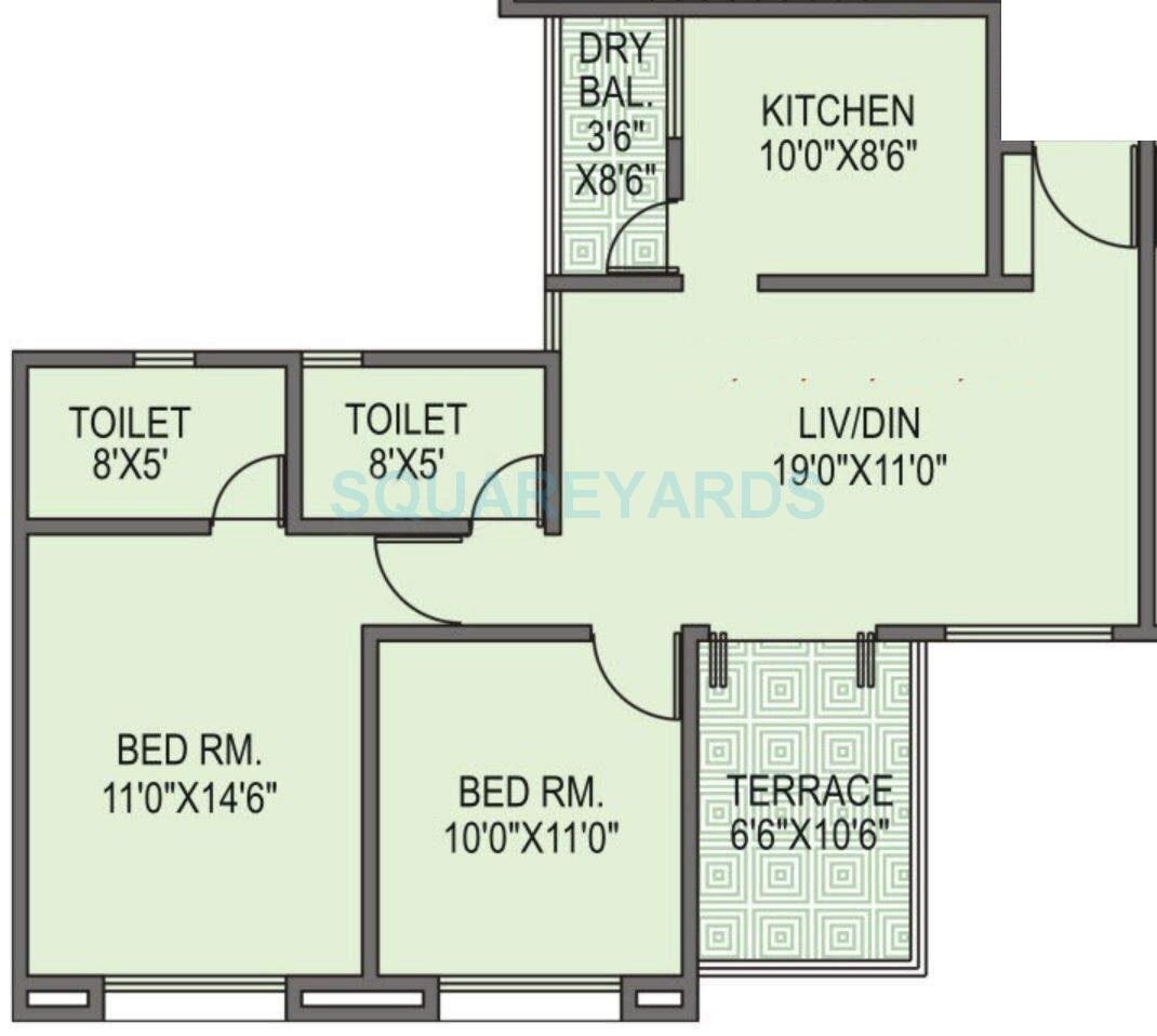 Floor plan of 2 BHK 1040 Sq. Ft. Apartment in Goel Ganga Estoria, Pune