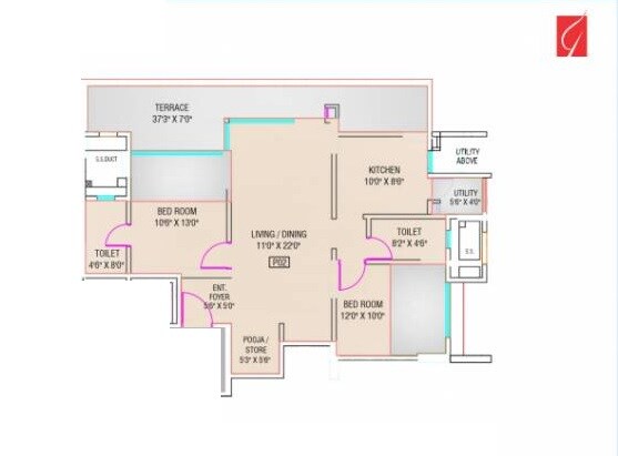 Floor plan of 2 BHK 800 Sq. Ft. Apartment in Goel Ganga Florentina Phase 2, Pune