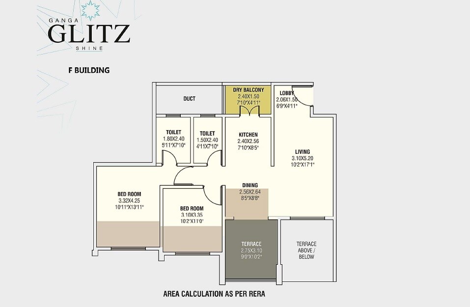 Floor plan of 2 BHK 622 Sq. Ft. Apartment in Goel Ganga Glitz, Pune