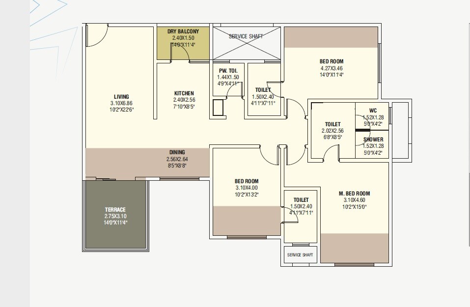 Floor plan of 3 BHK 1102 Sq. Ft. Apartment in Goel Ganga Glitz, Pune