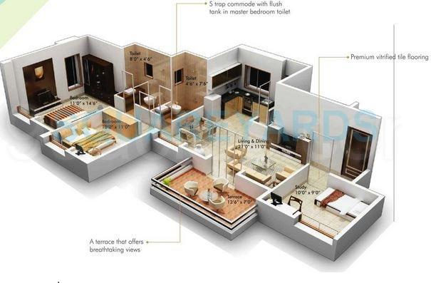 Floor plan of 2 BHK 1229 Sq. Ft. Apartment in Goel Ganga Ashiyana, Pune
