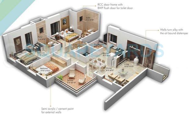 Floor plan of 3 BHK 1305 Sq. Ft. Apartment in Goel Ganga Ashiyana, Pune