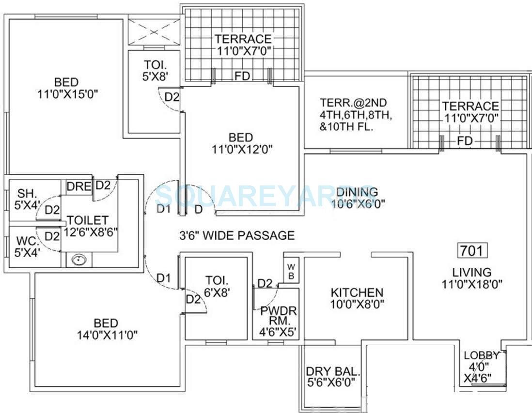 Floor plan of 3 BHK 1650 Sq. Ft. Apartment in Goel Ganga Bhagyoday, Pune
