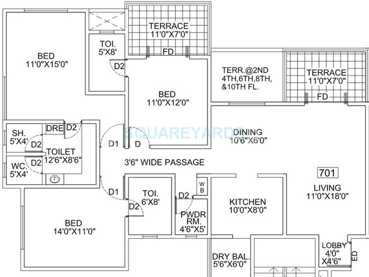 Floor plan of 3 BHK 2040 Sq. Ft. Apartment in Goel Ganga Bhagyoday, Pune