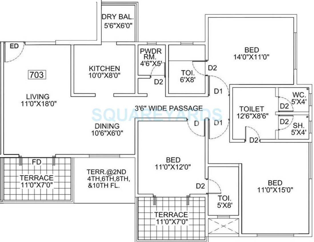 Floor plan of 3 BHK 2295 Sq. Ft. Apartment in Goel Ganga Bhagyoday, Pune