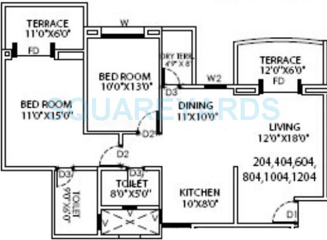 Floor plan of 2 BHK 1360 Sq. Ft. Apartment in Goel Ganga Carnation, Pune
