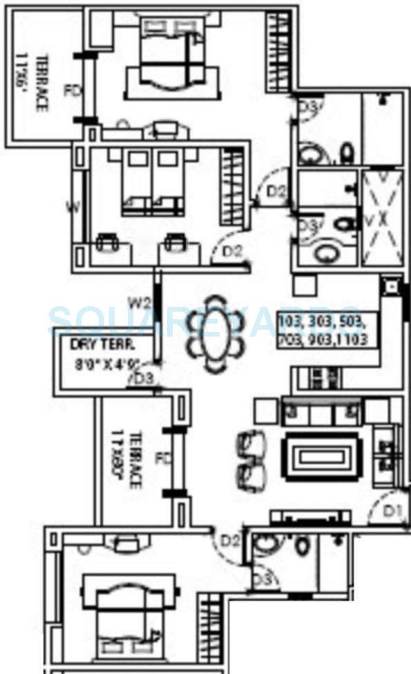 Floor plan of 3 BHK 1620 Sq. Ft. Apartment in Goel Ganga Carnation, Pune