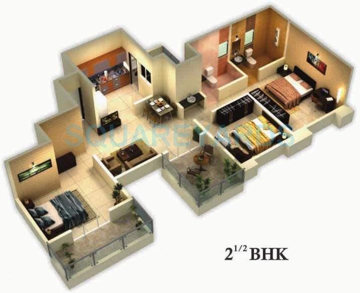 Floor plan of 2 BHK 1000 Sq. Ft. Apartment in Goel Ganga Cypress, Pune