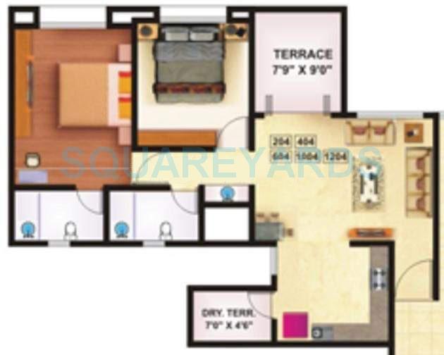 Floor plan of 2 BHK 1240 Sq. Ft. Apartment in Goel Ganga Cypress, Pune