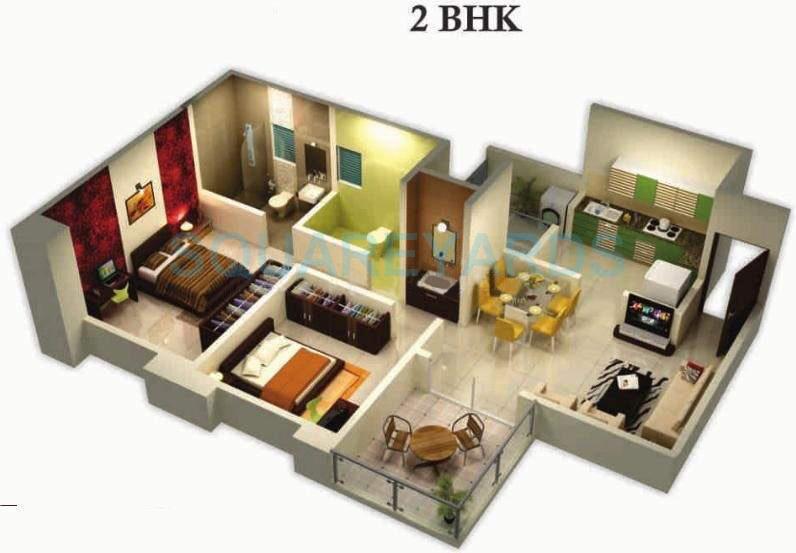 Floor plan of 2 BHK 980 Sq. Ft. Apartment in Goel Ganga Cypress, Pune