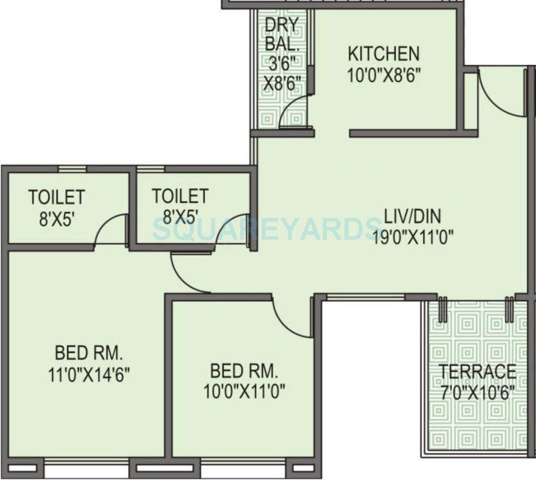 Floor plan of 2 BHK 960 Sq. Ft. Apartment in Goel Ganga Estoria, Pune