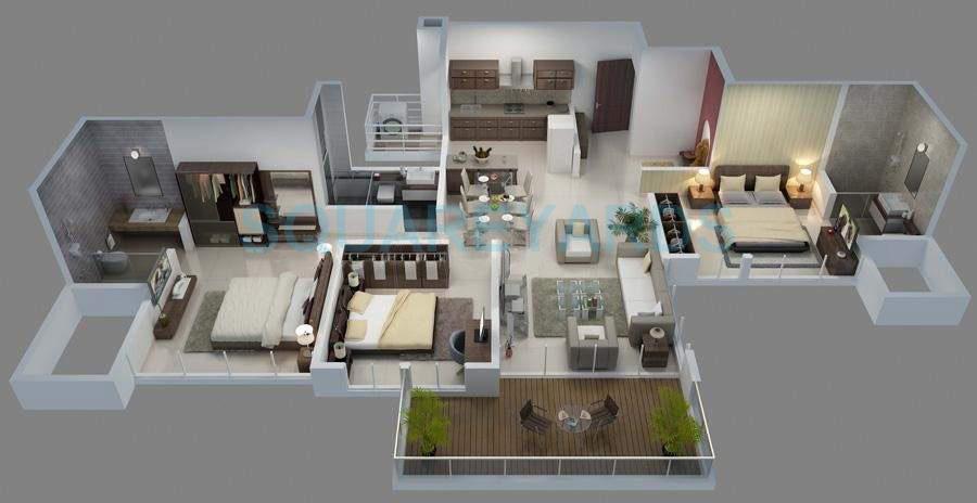 Floor plan of 3 BHK 1015 Sq. Ft. Apartment in Goel Ganga Florentina, Pune