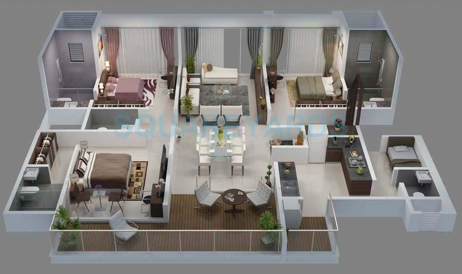 Floor plan of 3 BHK 1000 Sq. Ft. Apartment in Goel Ganga Florentina, Pune