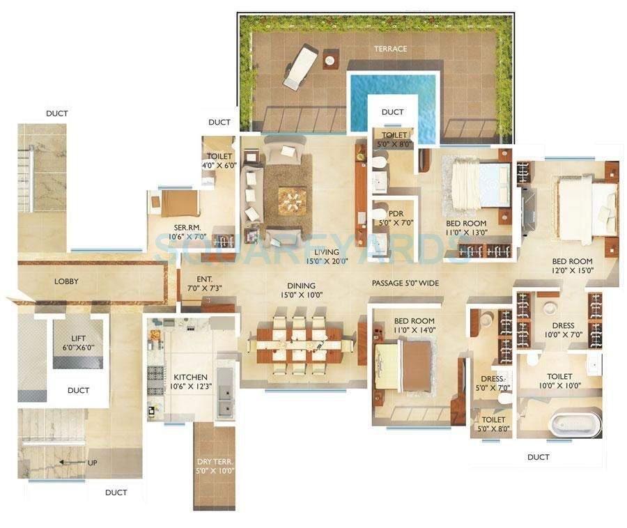 Floor plan of 3 BHK 2645 Sq. Ft. Apartment in Goel Ganga Melrose, Pune