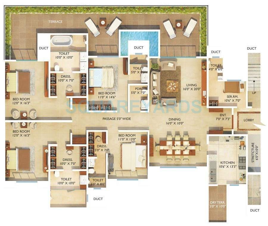 Floor plan of 4 BHK 3660 Sq. Ft. Apartment in Goel Ganga Melrose, Pune