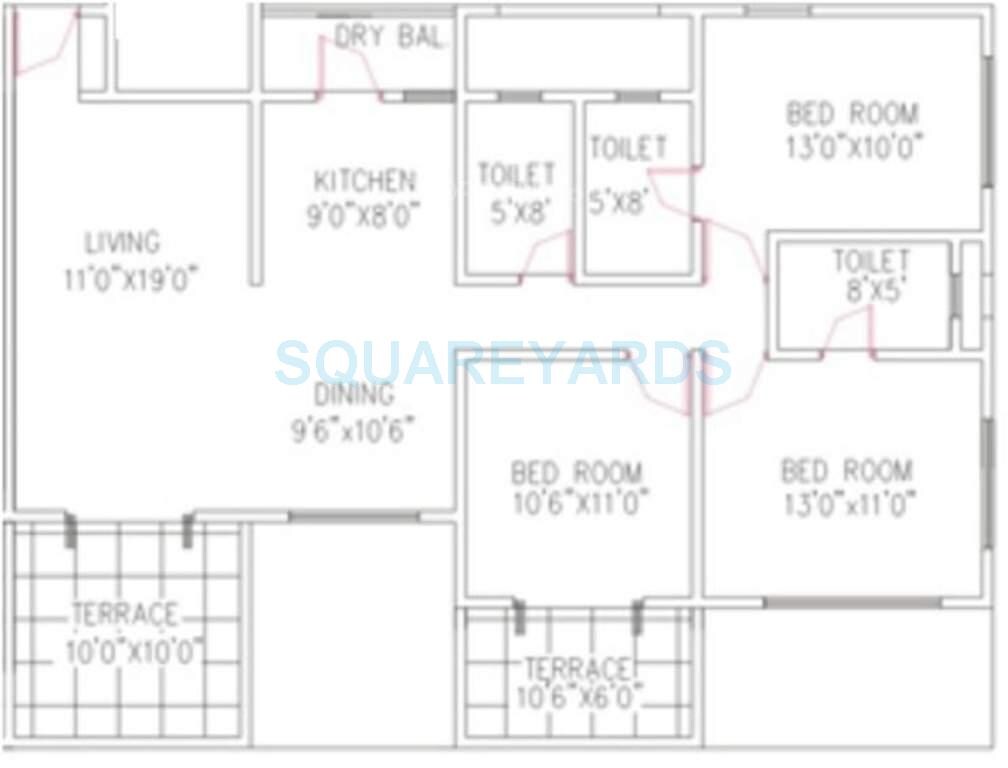 Floor plan of 3 BHK 1520 Sq. Ft. Apartment in Goel Ganga Group Panama, Pune
