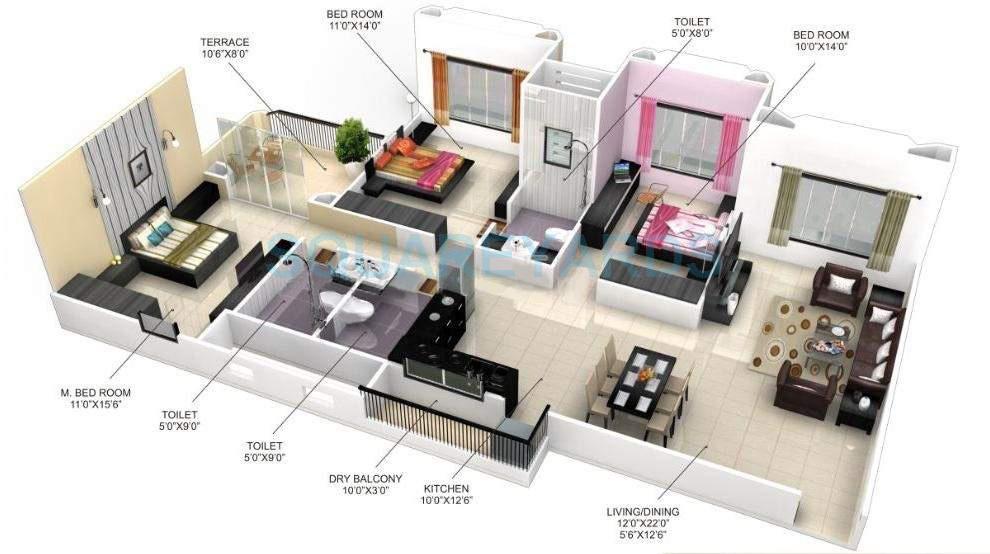 Floor plan of 3 BHK 1630 Sq. Ft. Apartment in Goel Ganga Satellite, Pune