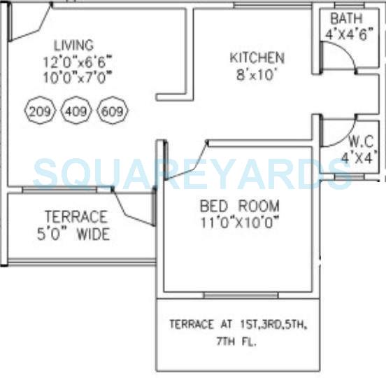 Floor plan of 1 BHK 585 Sq. Ft. Apartment in Goel Ganga Sparsh, Pune