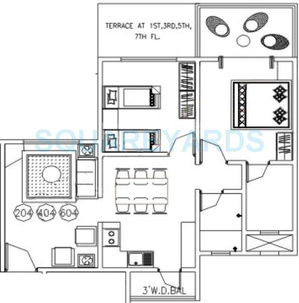 Floor plan of 2 BHK 905 Sq. Ft. Apartment in Goel Ganga Sparsh, Pune