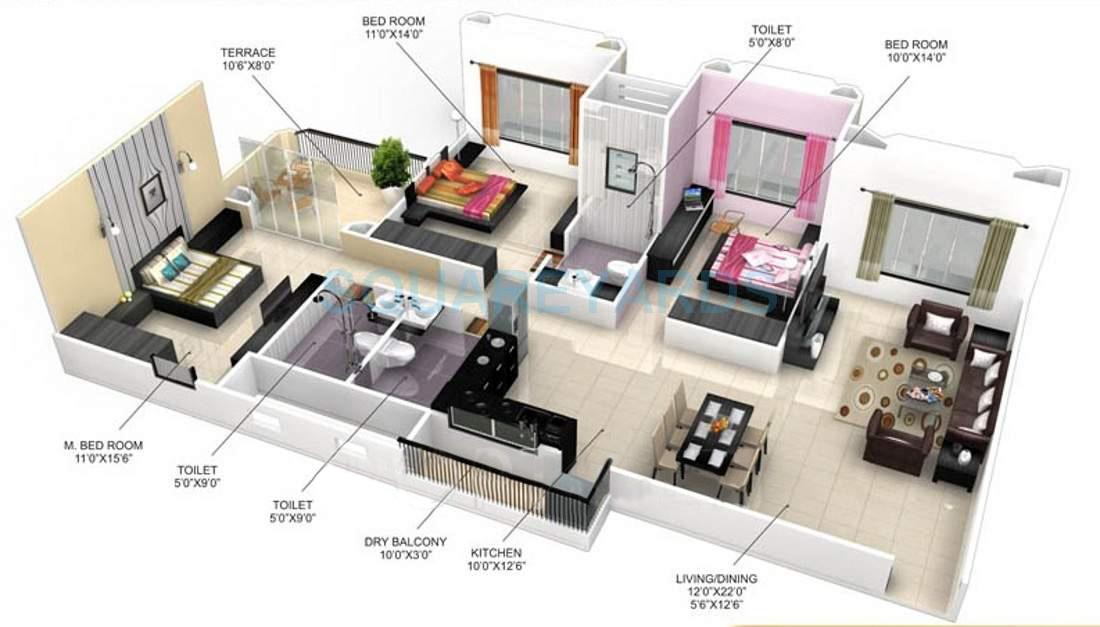 Floor plan of 3 BHK 1630 Sq. Ft. Apartment in Goel Ganga Group Stratum, Pune