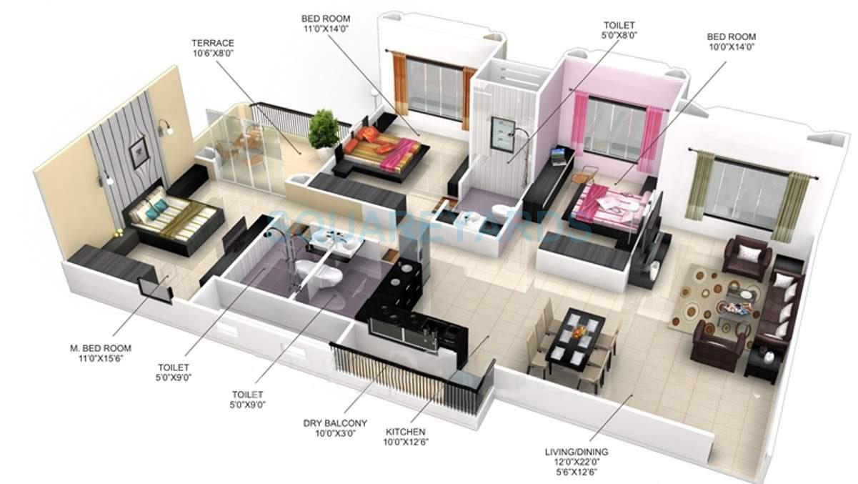 Floor plan of 3 BHK 1655 Sq. Ft. Apartment in Goel Ganga Group Stratum, Pune