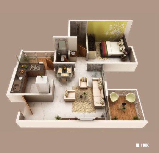 Floor plan of 1 BHK 670 Sq. Ft. Apartment in Goel Ganga Happinest, Pune