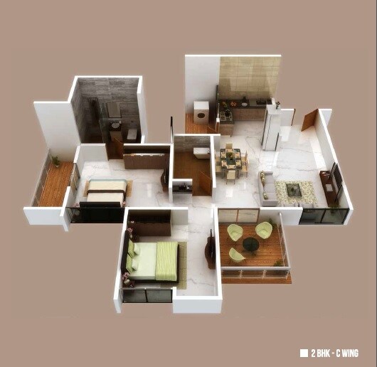 Floor plan of 2 BHK 1075 Sq. Ft. Apartment in Goel Ganga Happinest, Pune