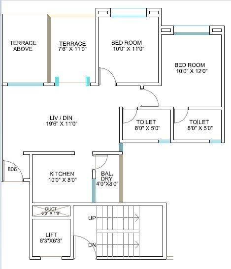 Floor plan of 2 BHK 1010 Sq. Ft. Apartment in Goel Ganga Kalash, Pune
