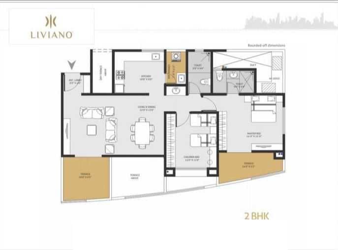 Floor plan of 2 BHK 770 Sq. Ft. Apartment in Goel Ganga Liviano, Pune