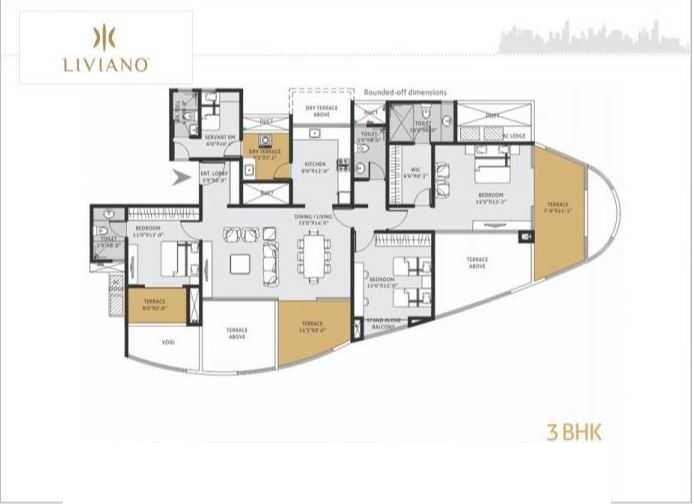 Floor plan of 3 BHK 1086 Sq. Ft. Apartment in Goel Ganga Liviano, Pune