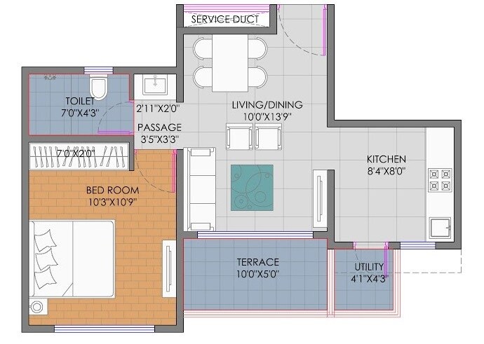 Floor plan of 2 BHK 599 Sq. Ft. Apartment in Goel Ganga New Town, Pune