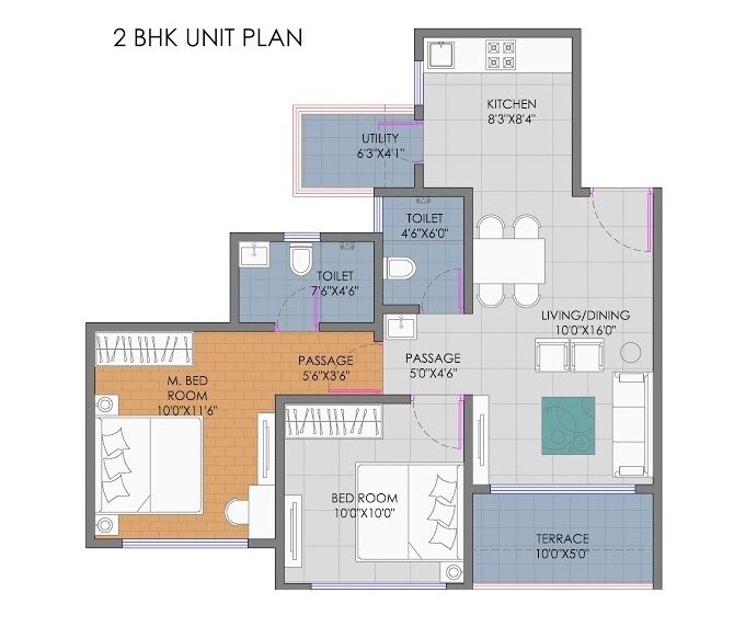 Floor plan of 2 BHK 828 Sq. Ft. Apartment in Goel Ganga New Town, Pune