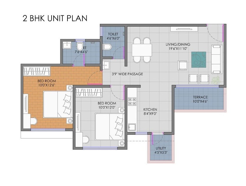 Floor plan of 2 BHK 850 Sq. Ft. Apartment in Goel Ganga New Town, Pune