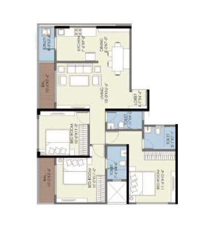 Floor plan of 3 BHK 1100 Sq. Ft. Apartment in Goel Ganga New Town, Pune