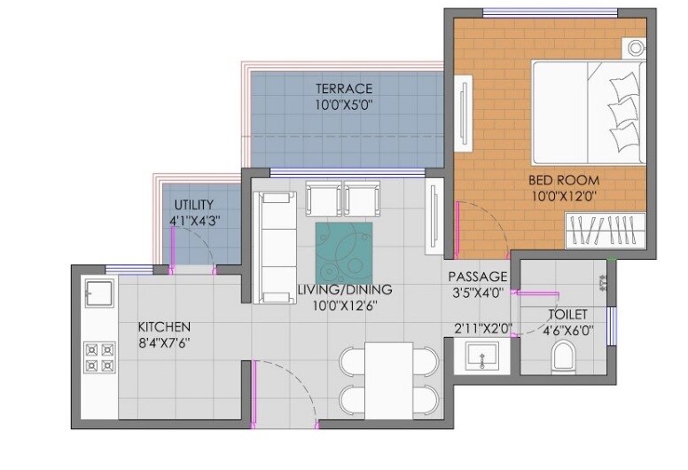 Floor plan of 1 BHK 374 Sq. Ft. Apartment in Goel Ganga Newtown Phase 2, Pune