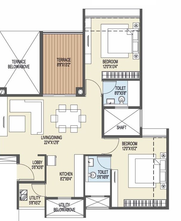 Floor plan of 2 BHK 739 Sq. Ft. Apartment in Goel Ganga Platino, Pune