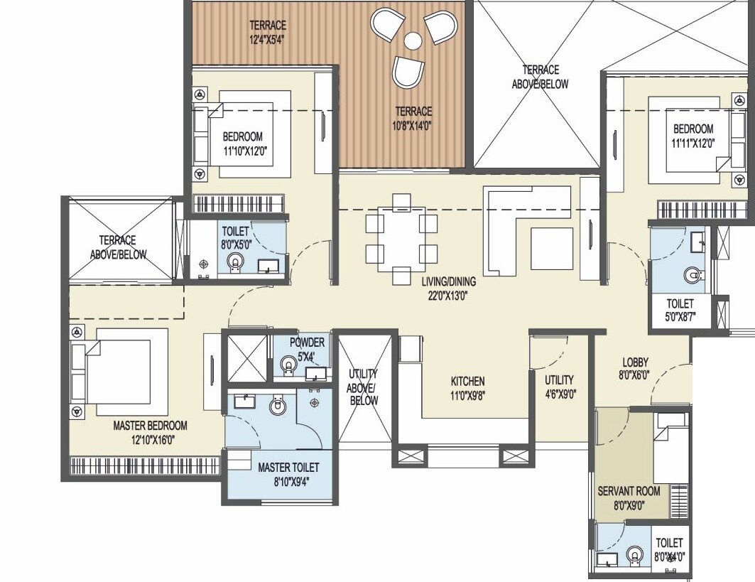 Floor plan of 3 BHK 883 Sq. Ft. Apartment in Goel Ganga Platino, Pune