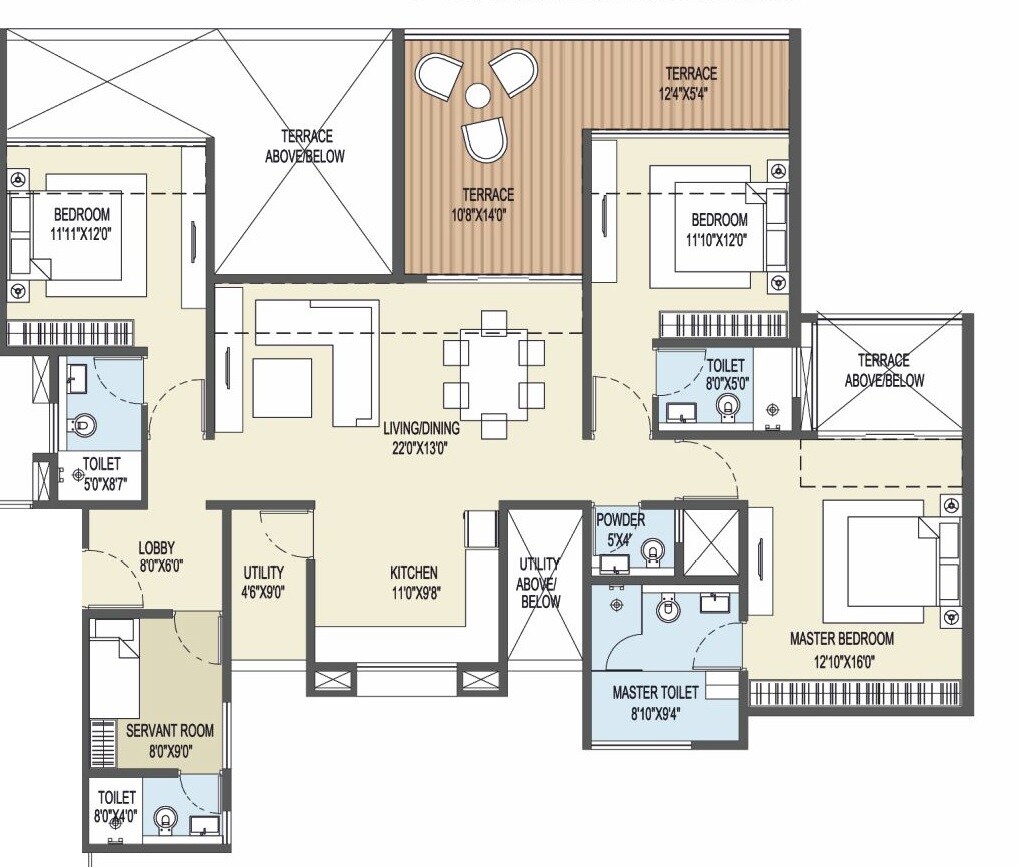 Floor plan of 3 BHK 1380 Sq. Ft. Apartment in Goel Ganga Platino, Pune