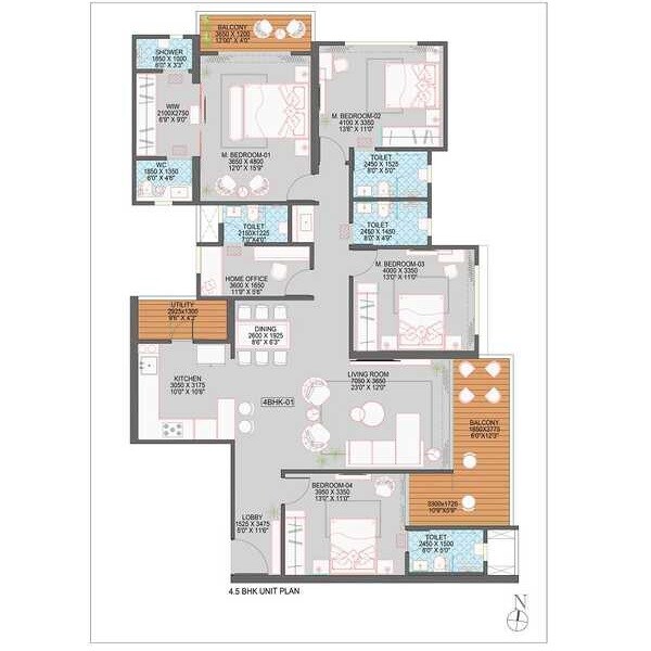 Floor plan of 4 BHK 1950 Sq. Ft. Apartment in Goel Ganga Platinum, Pune