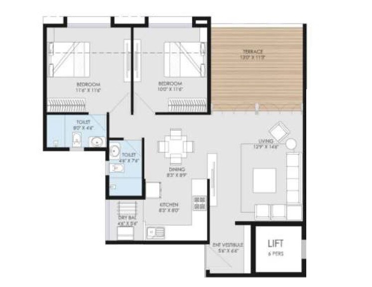 Floor plan of 2 BHK 451 Sq. Ft. Apartment in Goel Ganga Utopia, Pune
