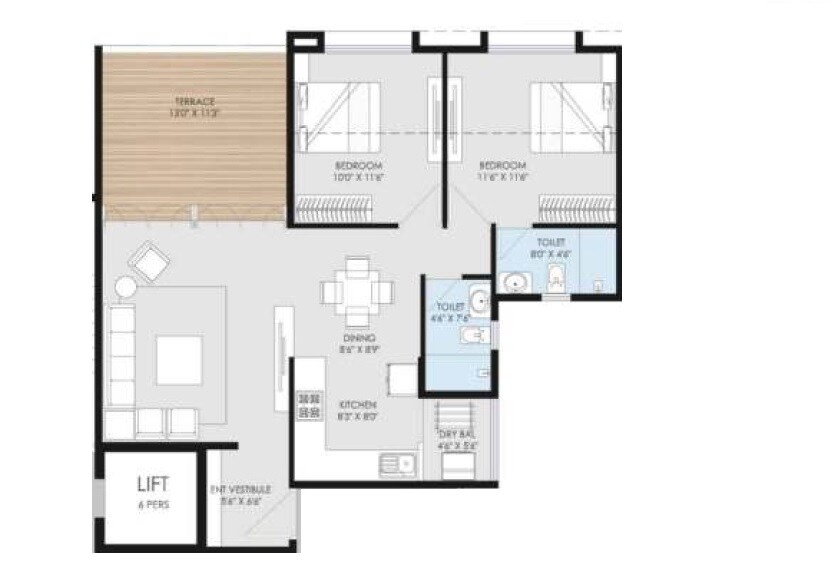 Floor plan of 2 BHK 688 Sq. Ft. Apartment in Goel Ganga Utopia, Pune