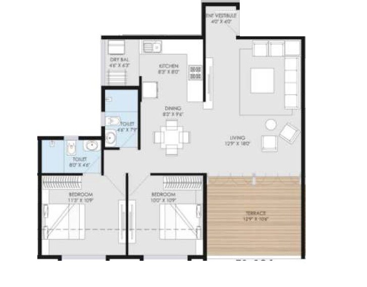 Floor plan of 2 BHK 671 Sq. Ft. Apartment in Goel Ganga Utopia, Pune